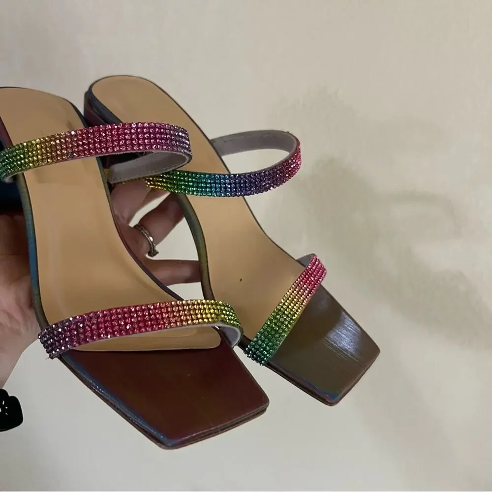 By Far Tanya multicolor rainbow iridescent crystal heeled mule sandal 37/7